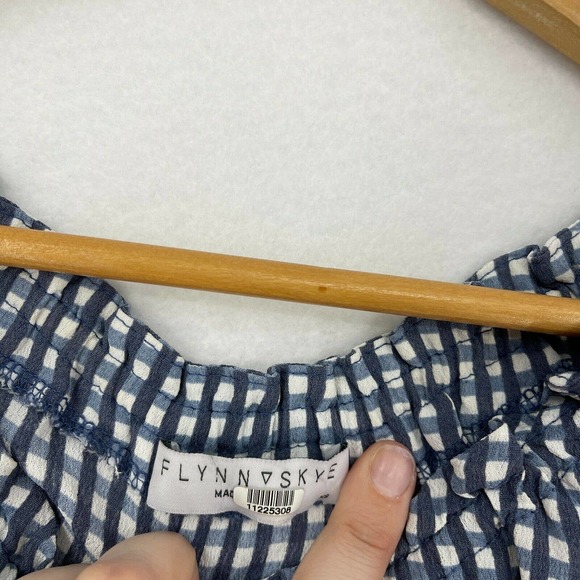 Flynn Skye Bobby Top Women XS Blue Plaid Off The Shoulder Crepe Blouse Shirt - Picture 8 of 11